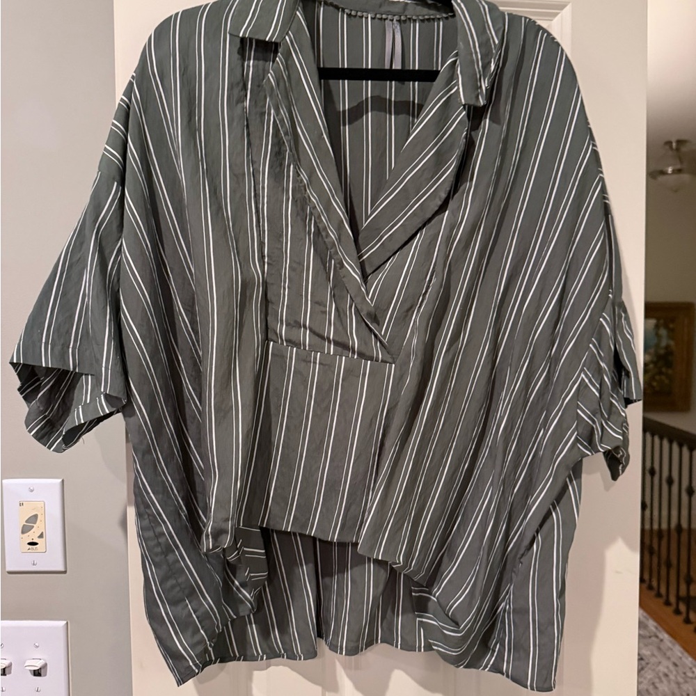 Anthropologie Olive and White Striped Blouse